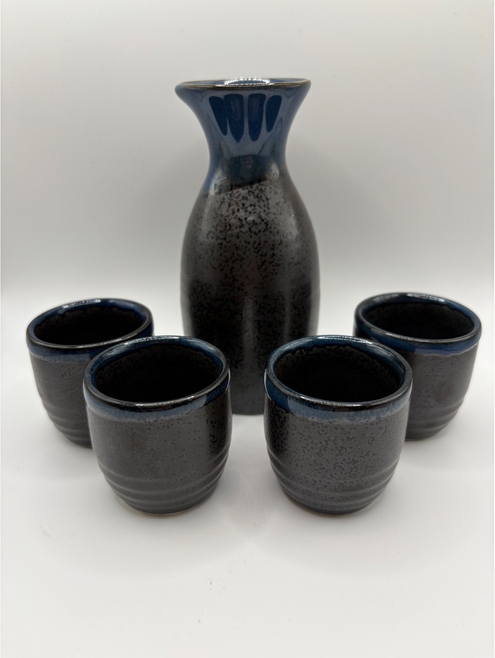 NWT World Market 5-Piece Ceramic Sake Set – Speckled Black & Blue Glaze in box